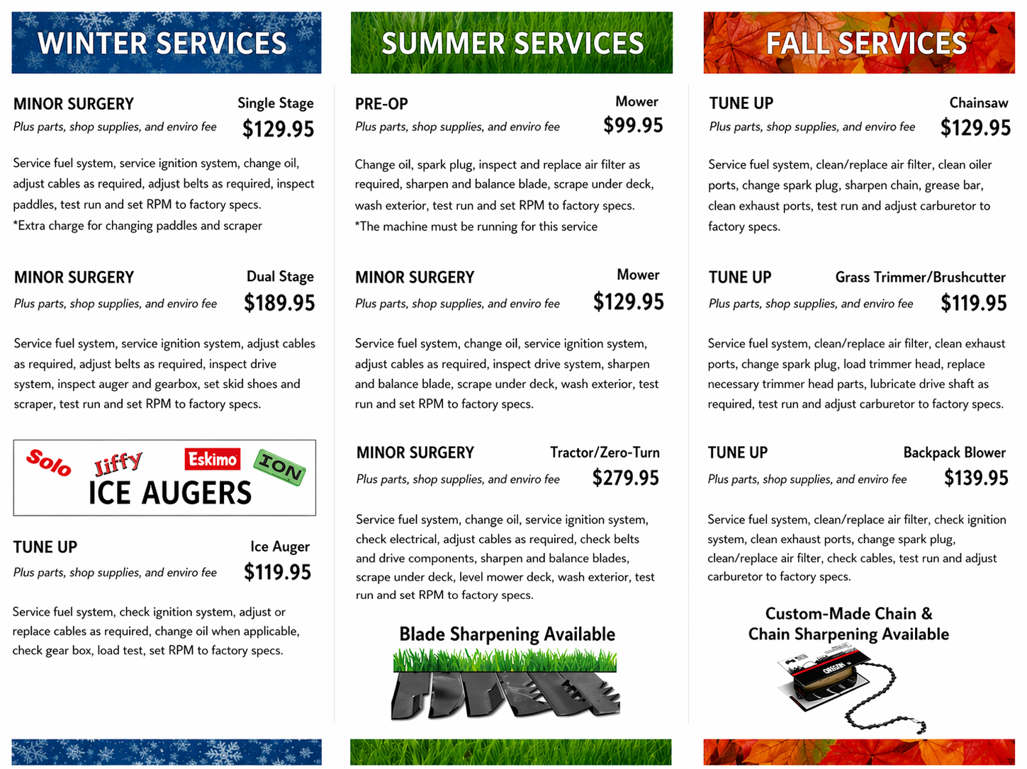 Seasonal lawnmower and small engine service pricing at Lawnmower Hospital in Edmonton, including winter snowblower service, summer mower tune ups, and fall equipment maintenance